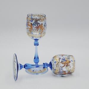 Set 2 Lobmeyr Hand Painted Enamel Gilt Blue Wine Glass Putti Cherubs Austrian 7"